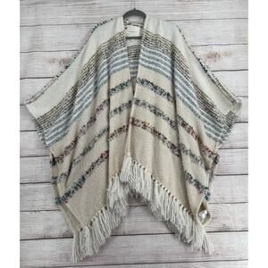 Anthropologie Striped Fringed Sweater Shawl Womens One Size Ivory Blue Green